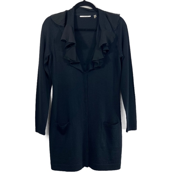 T Tahari Sweaters - TAHARI Black Wool Mix Chiffon Collar Trim Cardigan Size Small